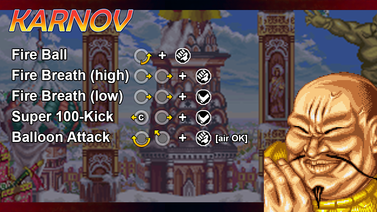 Karnov card showing his special move inputs.